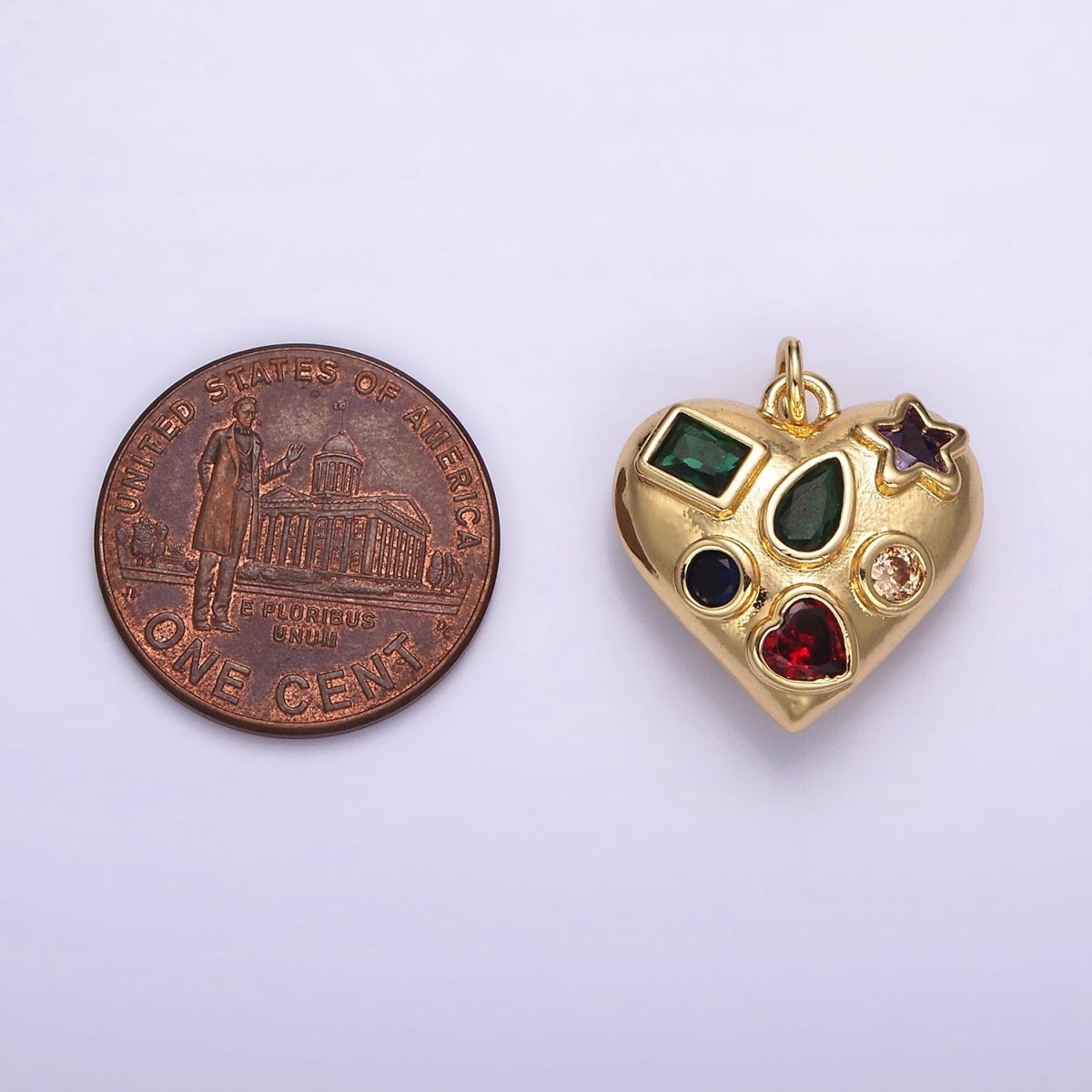 14K Gold Filled Multiple Geometric Multicolor CZ Chubby Filigree Heart Charm | AG522