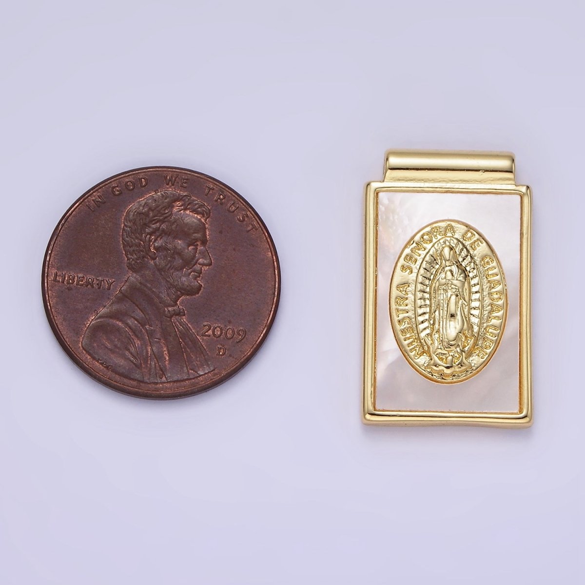 14K Gold Filled Nuestra Señora de Guadalupe Shell Pearl Rectangle Pendant | AH157