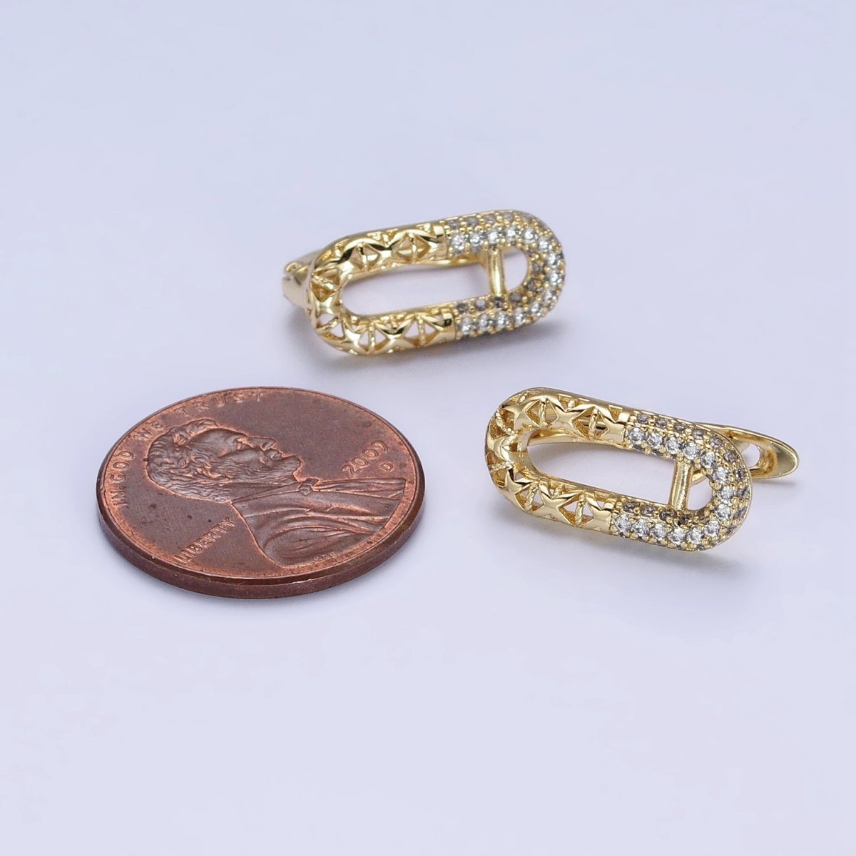 14K Gold Filled Oblong Half Filigree Micro Paved CZ English Lock Earrings | AB321