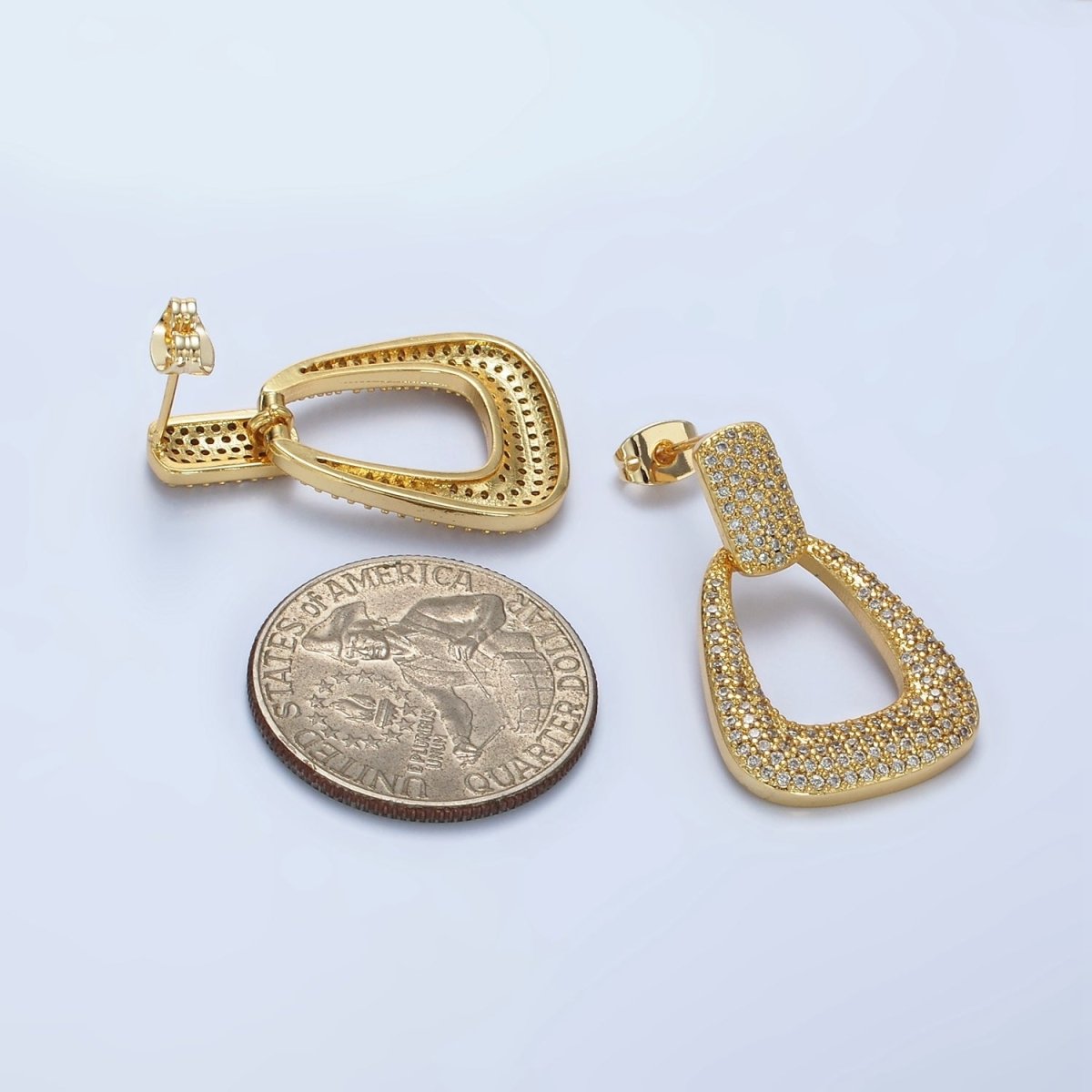 14K Gold Filled Open U Shaped Micro Paved CZ Rectangular Drop Stud Earrings in Gold & Silver | AE425 AE426