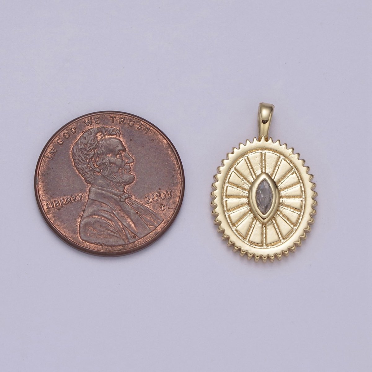 14K Gold Filled Oval Charm Sunburst With Clear Eye Cz Centerpiece for Minimalist Jewelry Making N-610