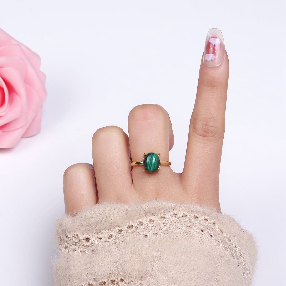 14K Gold Filled Oval Malachite Gemstone Minimalist Solitaire Ring | O1346