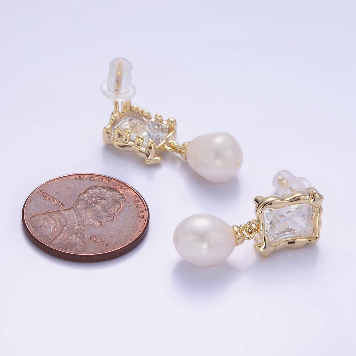 14K Gold Filled Pearl Baguette Molten Drop Stud Earrings in Gold & Silver | AE486 AE487