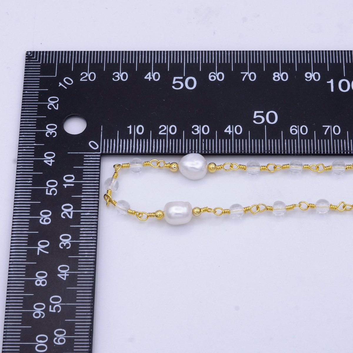 14K Gold Filled Pearl Chain, White Freshwater Pearl Rosary Chain, Bulk Chain Clear Quartz Beads Beaded Unfinished Chain by Yard | ROLL-1214 Clearance Pricing