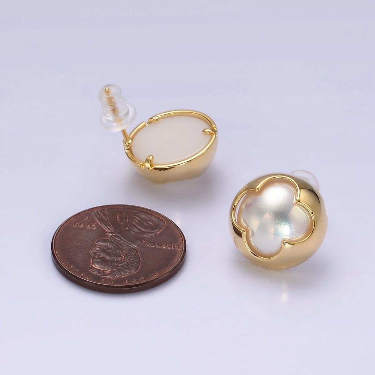 14K Gold Filled Pearl Iridescent Quatrefoil Bezel Round Stud Earrings in Gold & Silver | V264
