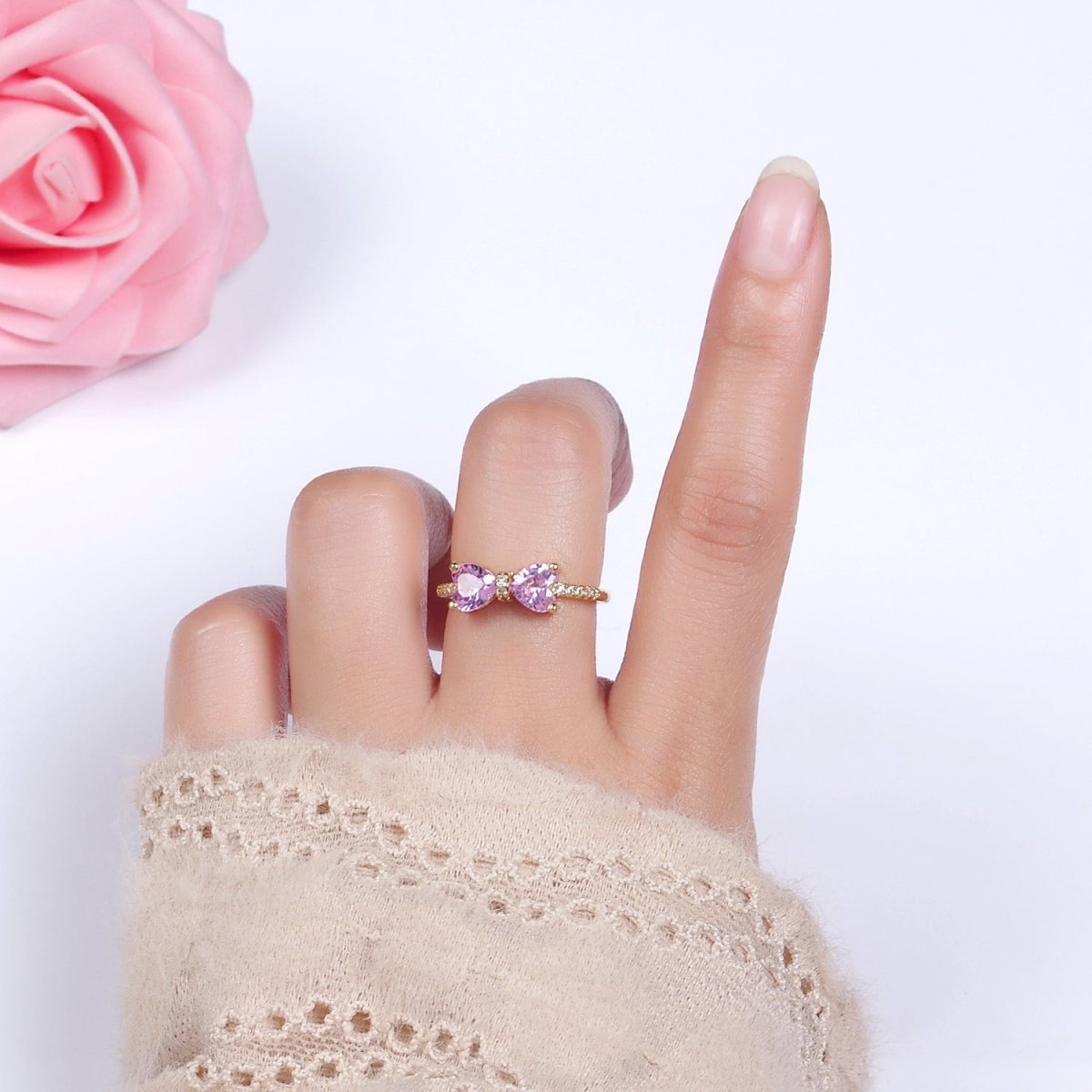 14K Gold Filled Pink, Clear CZ Heart Ribbon Micro Paved Ring | O-637 O-638