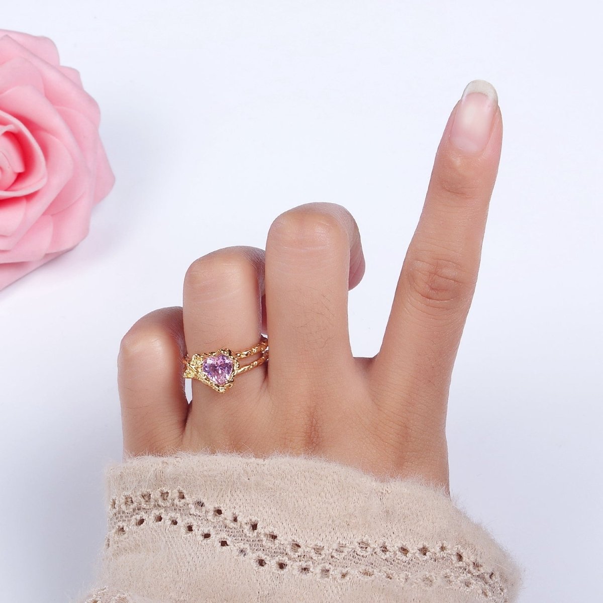 14K Gold Filled Pink CZ Heart Dented Molten Double Band Ring | O1063