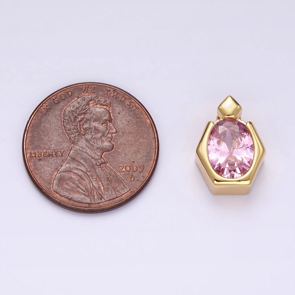 14K Gold Filled Pink CZ Oval Hexagonal Rhombus Bail Pendant | N1920