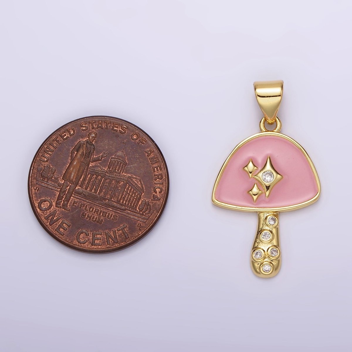 14K Gold Filled Pink Enamel CZ Sparkle Mushroom Pendant | AH076