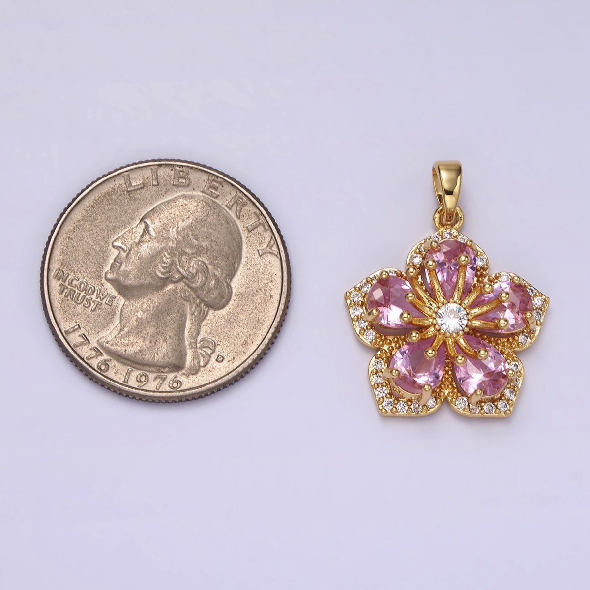 14K Gold Filled Pink Petal Clear Micro Paved CZ Flower Pendant | AH049