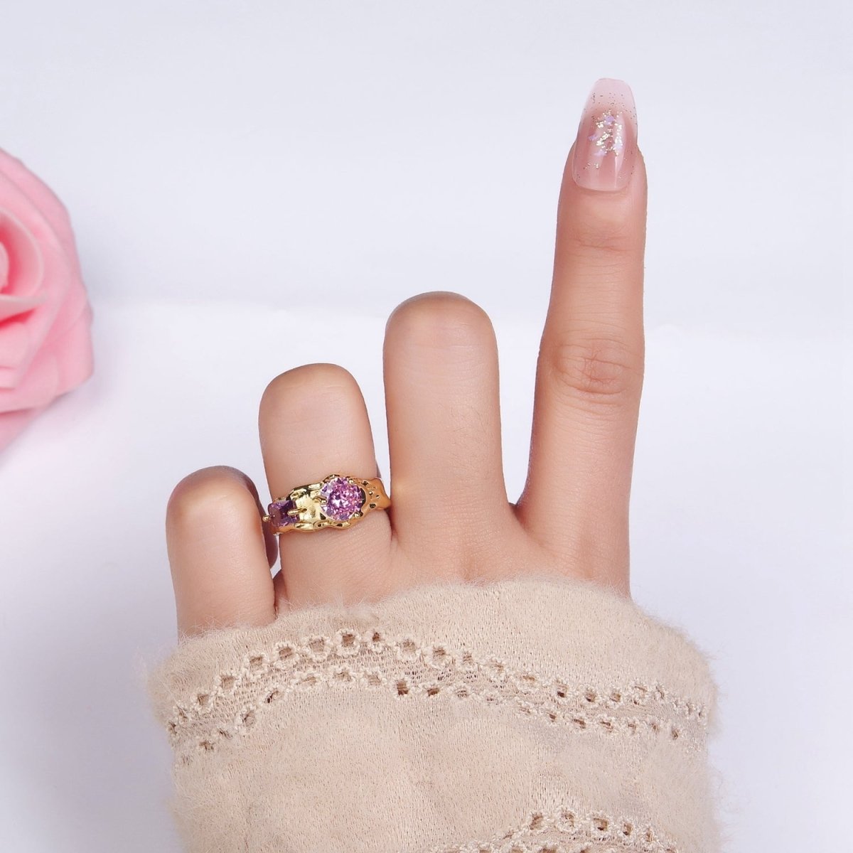 14K Gold Filled Pink Purple CZ Hammered Ring in Gold & Silver | O1329 O1330