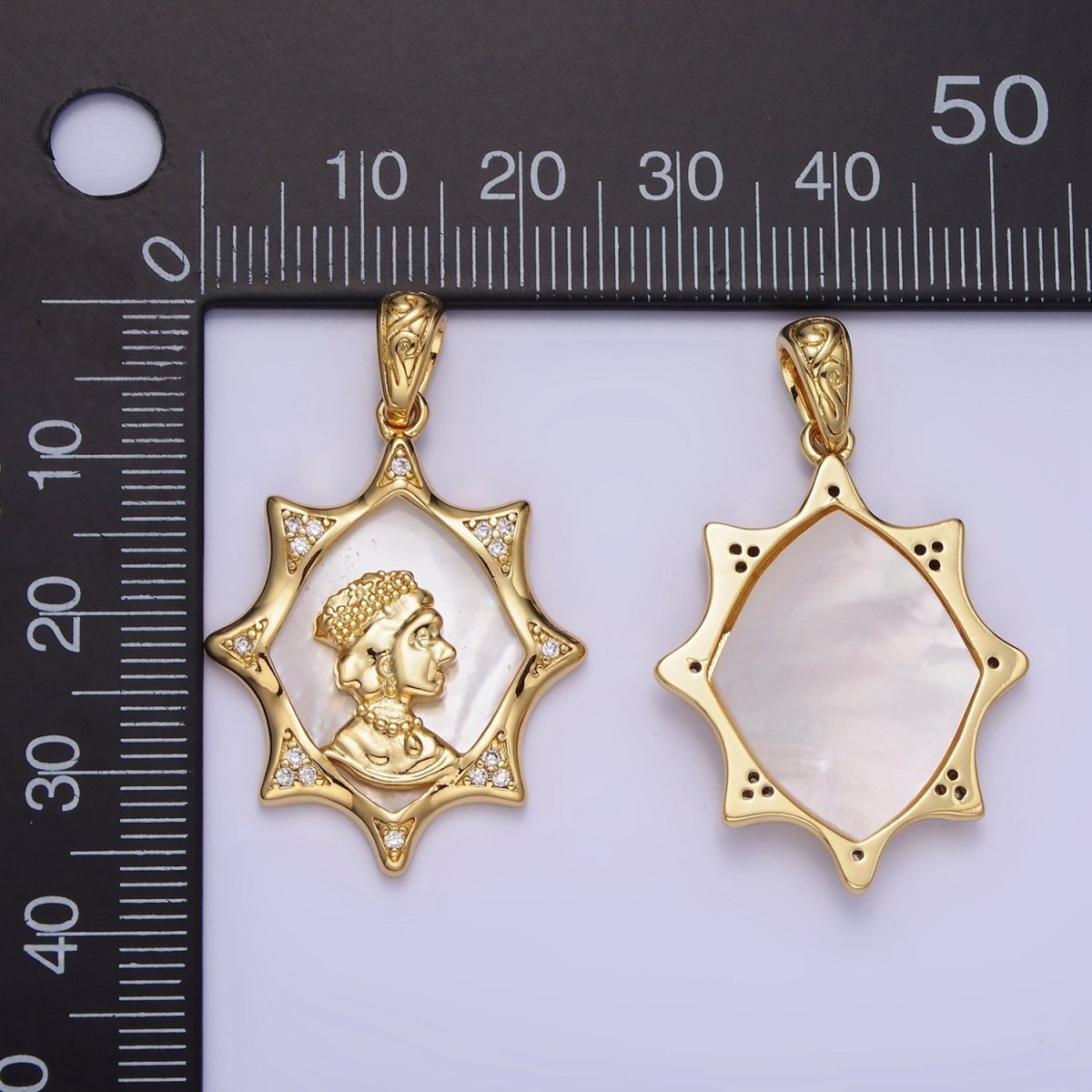 14K Gold Filled Portrait Shell Pearl Celestial Star CZ Micro Paved Pendant | AA1130