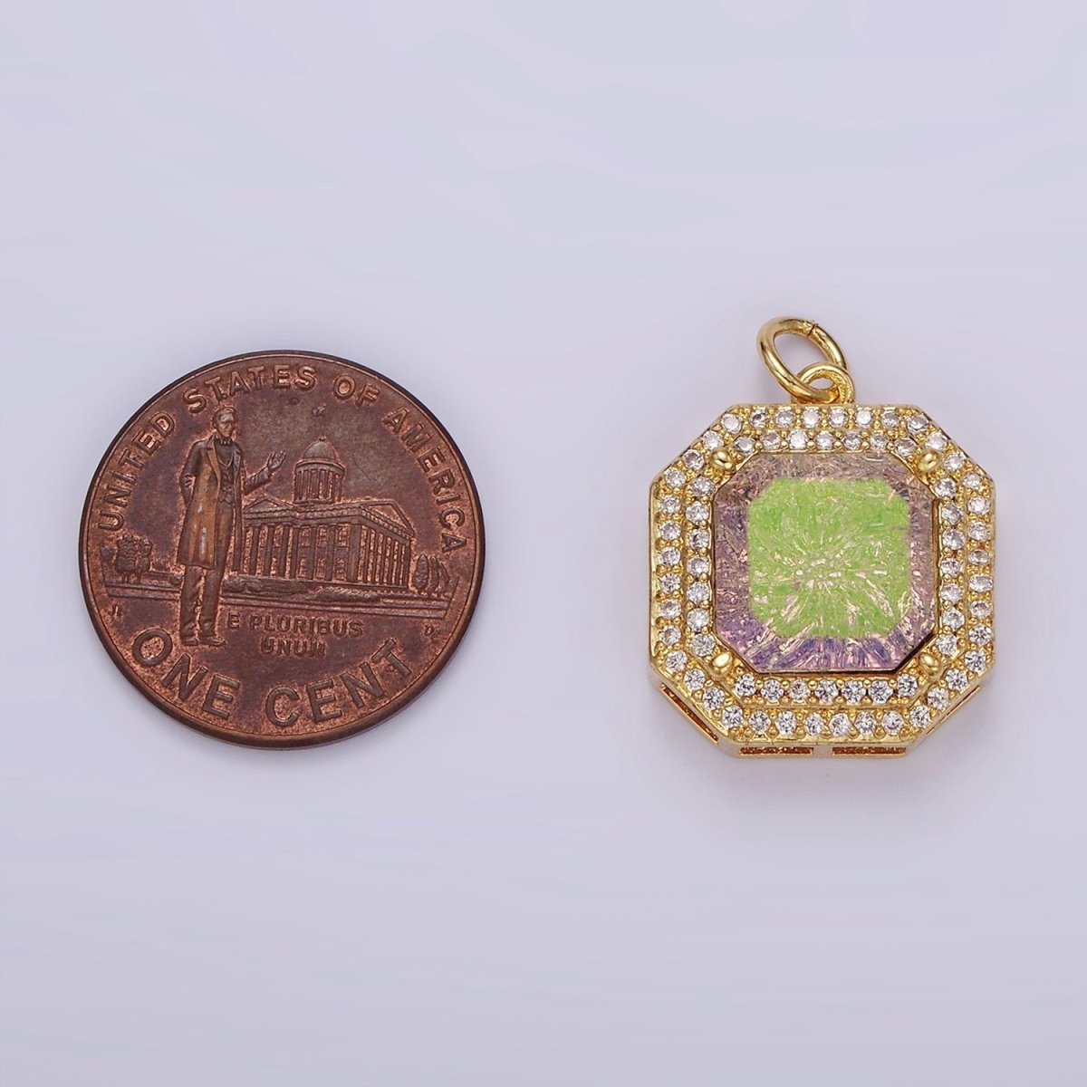 14K Gold Filled Purple Iridescent CZ Micro Paved Hexagonal Charm | AG443