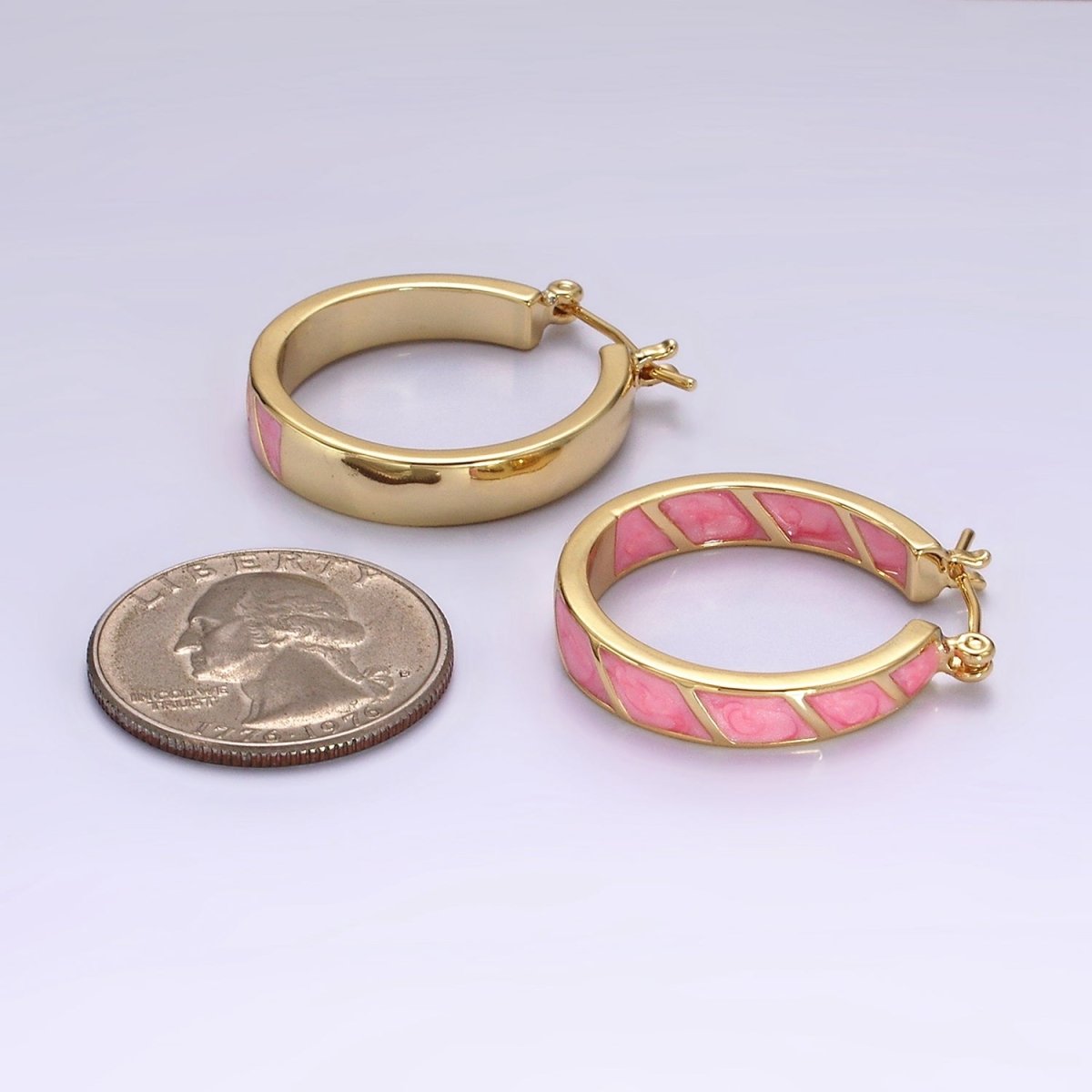 14K Gold Filled Purple, Teal, Pink, White Enamel Front-Facing Round Latch Hoop Earrings | AE945 - AE948