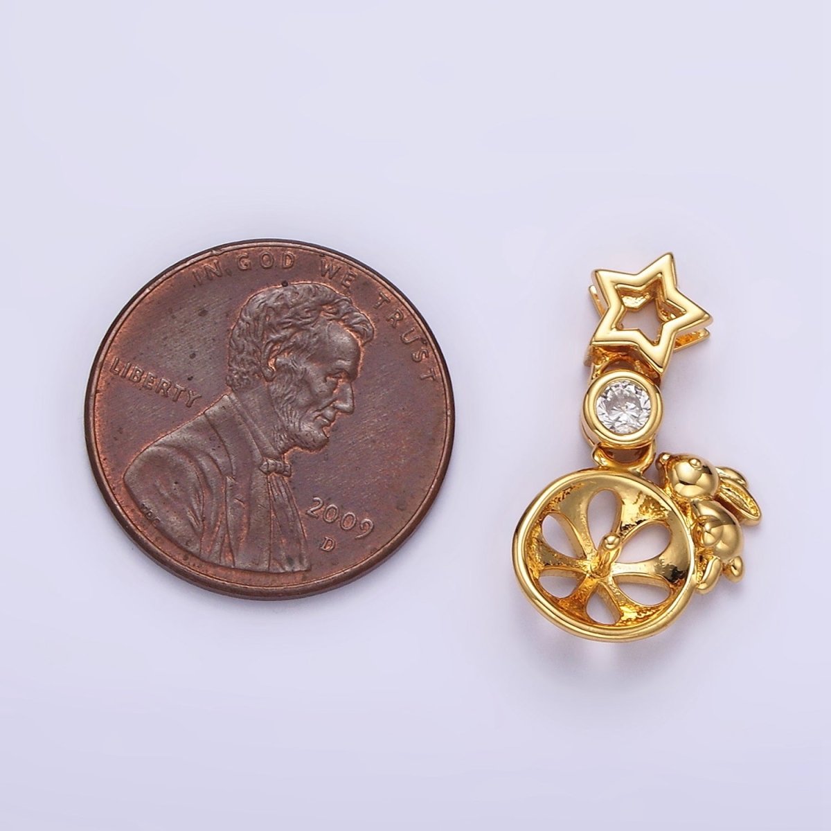 14K Gold Filled Rabbit Bunny Animal Wheel CZ Celestial Star Open Pendant in Gold & Silver | N1854 N1855