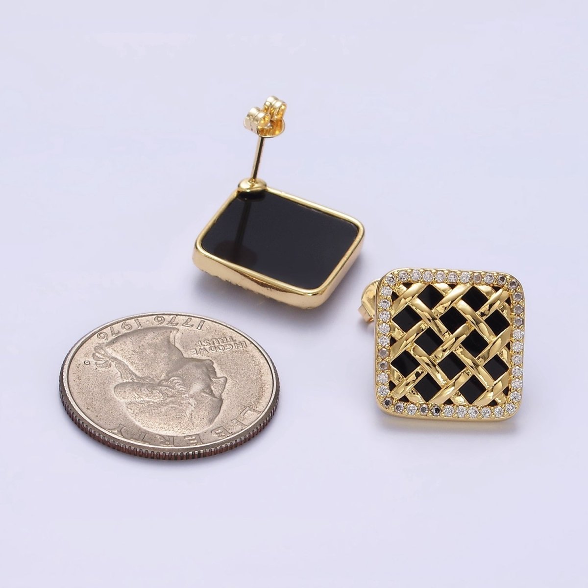14K Gold Filled Rattan Black Acrylic Micro Paved CZ Rhombus Stud Earrings | AE686