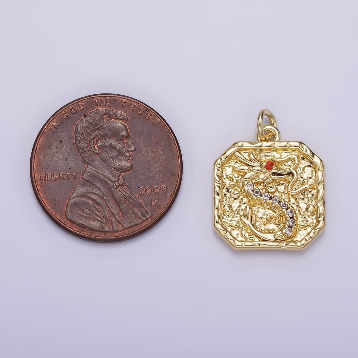 14K Gold Filled Red-Eyed CZ Dragon Micro Paved Hammered Hexagonal Charm | AG278