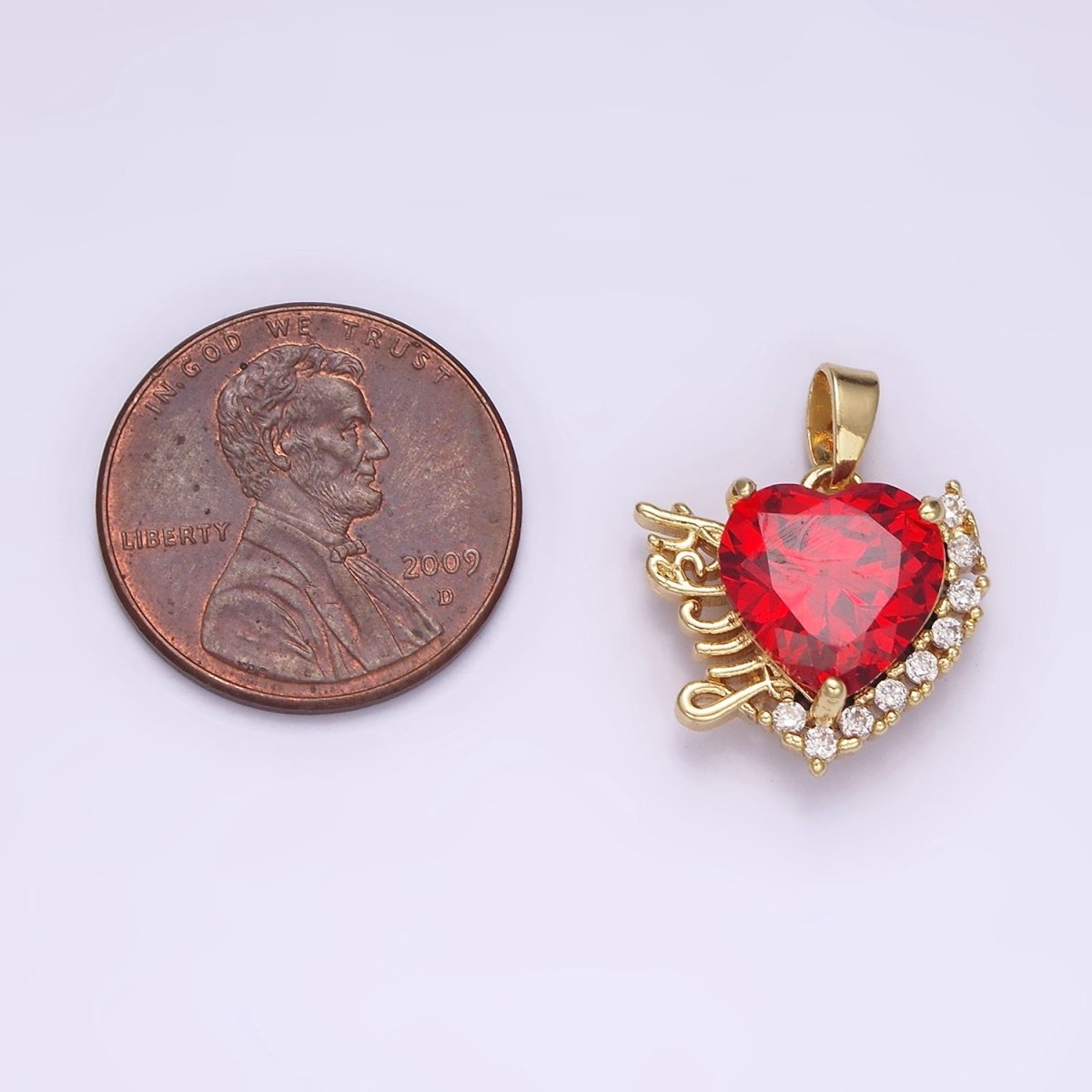14K Gold Filled Red Heart CZ "Lucky" Script Micro Paved CZ Outline Pendant | N1826