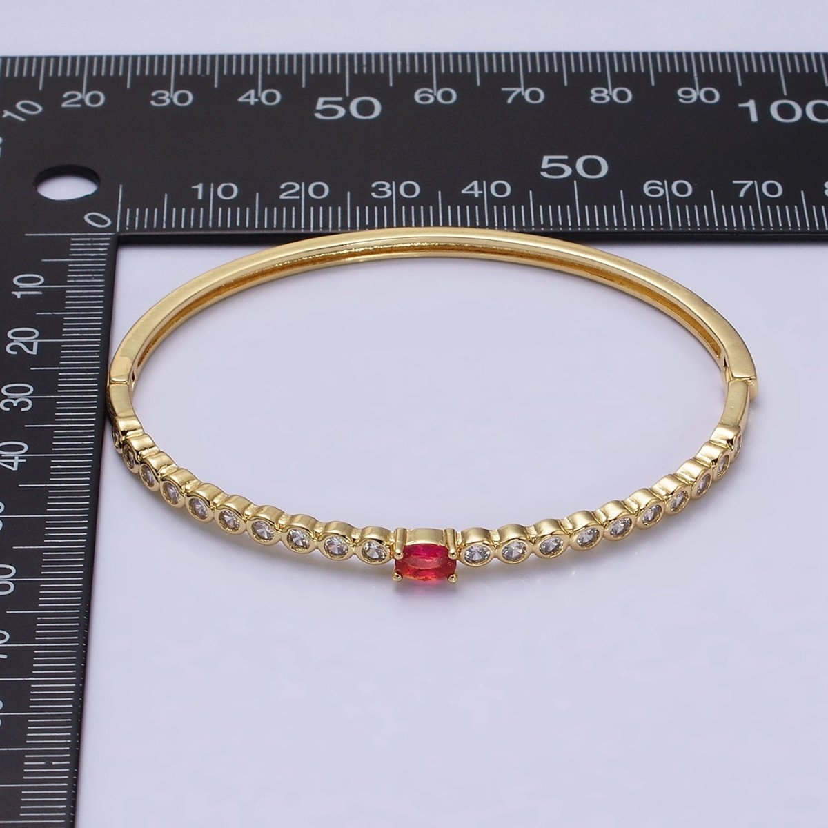 14K Gold Filled Red Oval CZ Round Clear Bezel Hinge Bangle Bracelet | WA-1754 Clearance Pricing