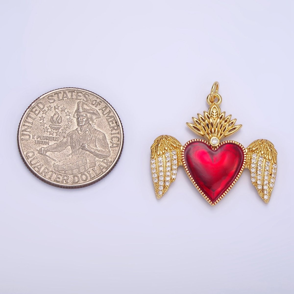 14K Gold Filled Red Sacred Heart Micro Paved CZ Feather Wings Charm | AG628