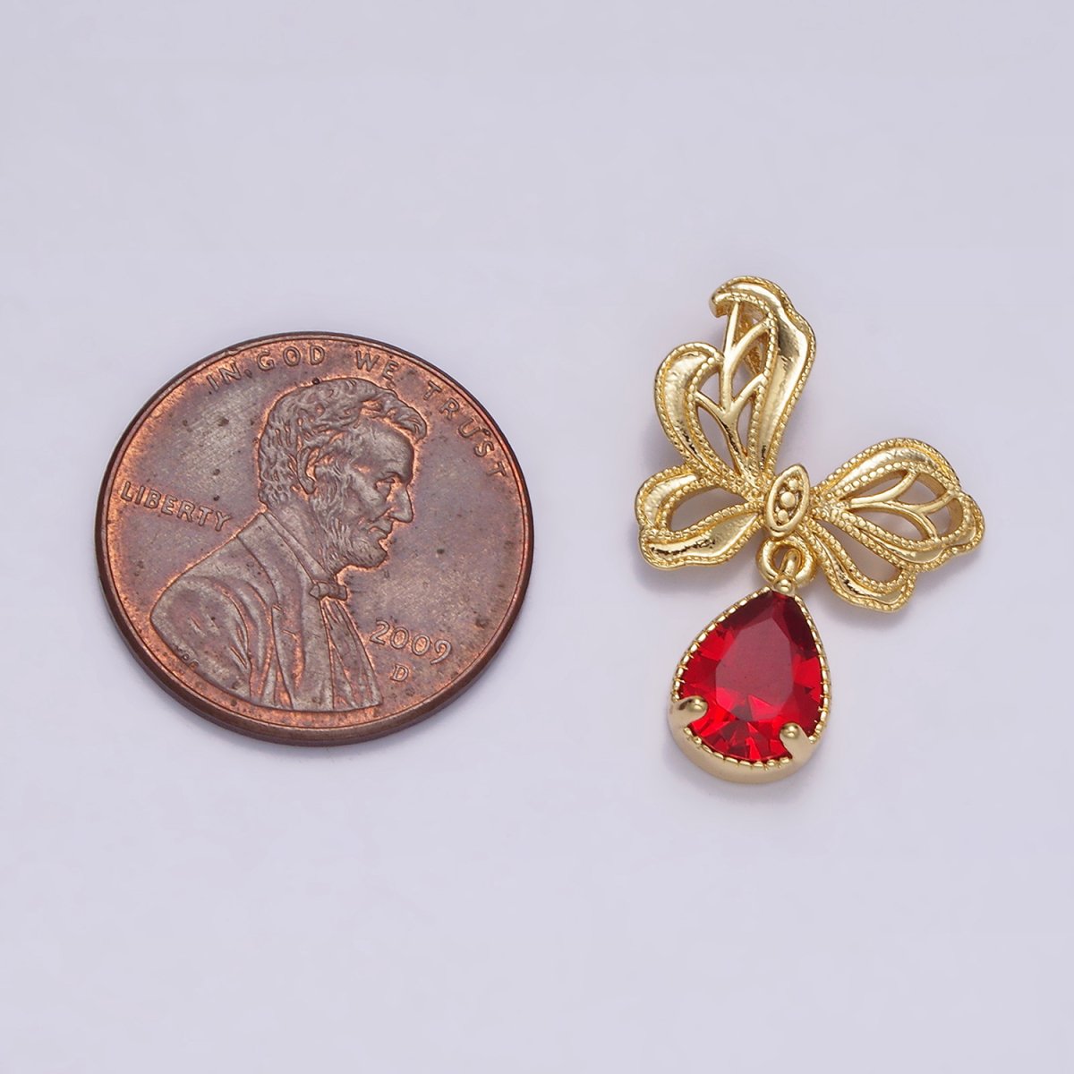 14K Gold Filled Red Teardrop CZ Beaded Butterfly Wings Pendant | AA727