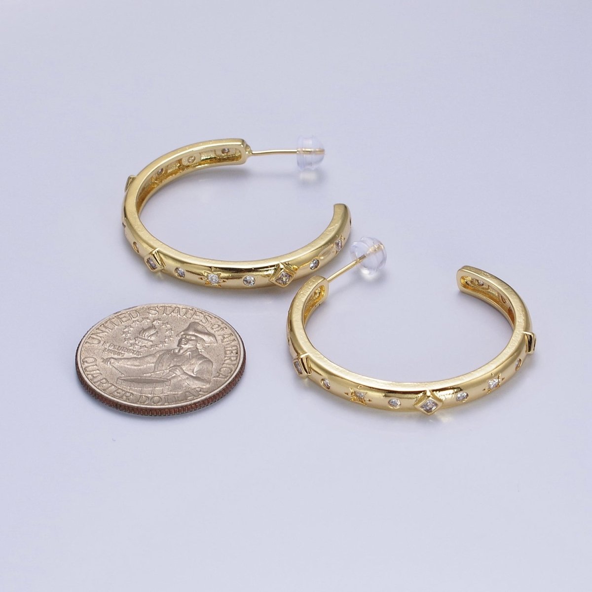 14K Gold Filled Rhombus Celestial Clear CZ 35mm C-Shaped Hoop Earrings | AB210