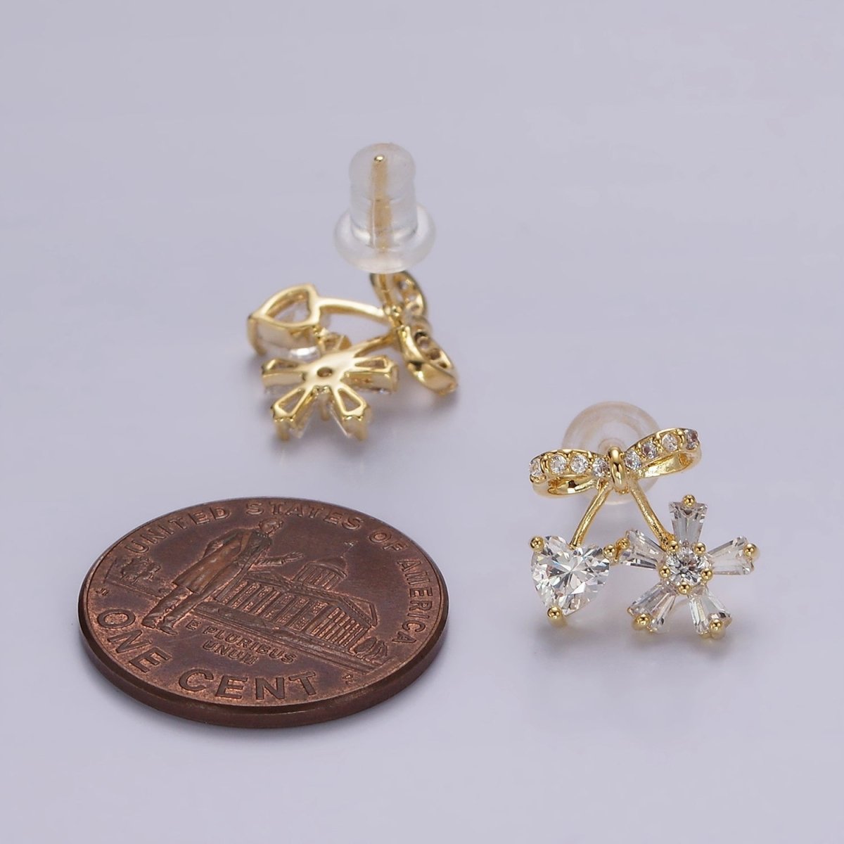 14K Gold Filled Ribbon Micro Paved CZ Heart Flower Stud Earrings in Gold & Silver | V318