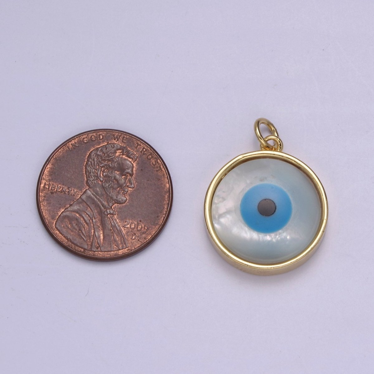 14k Gold Filled Rim Evil Eye Charm Pendant- Gold Round Evil Eye Charm with Natural White Shell Evil Eye N-833