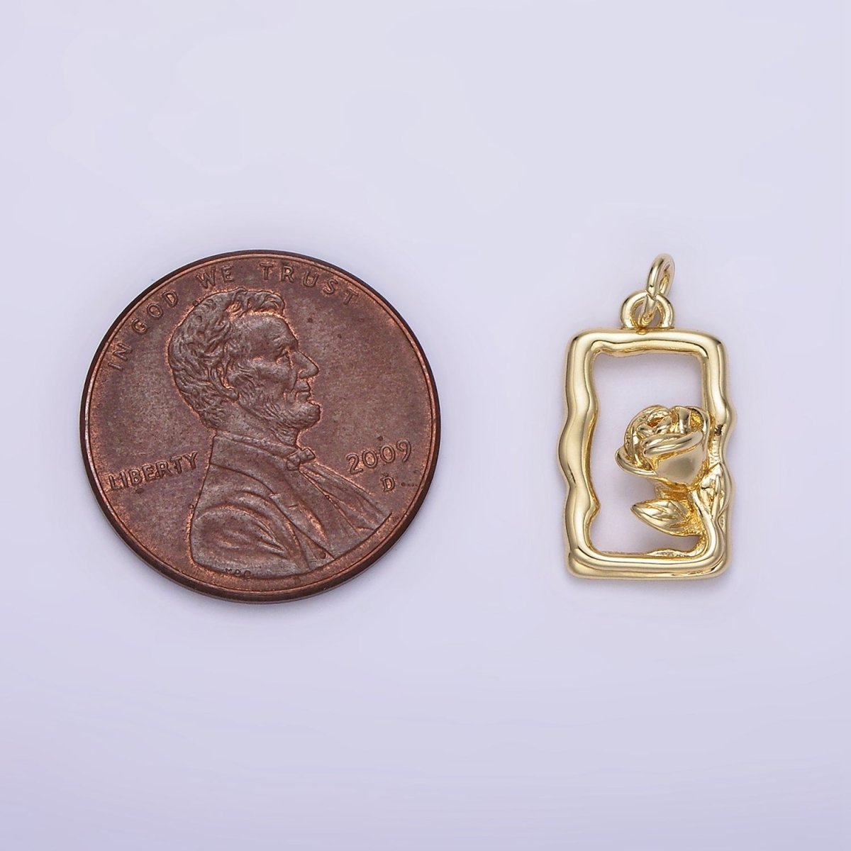 14K Gold Filled Rose Flower Open Wavy Rectangular Charm | AC898