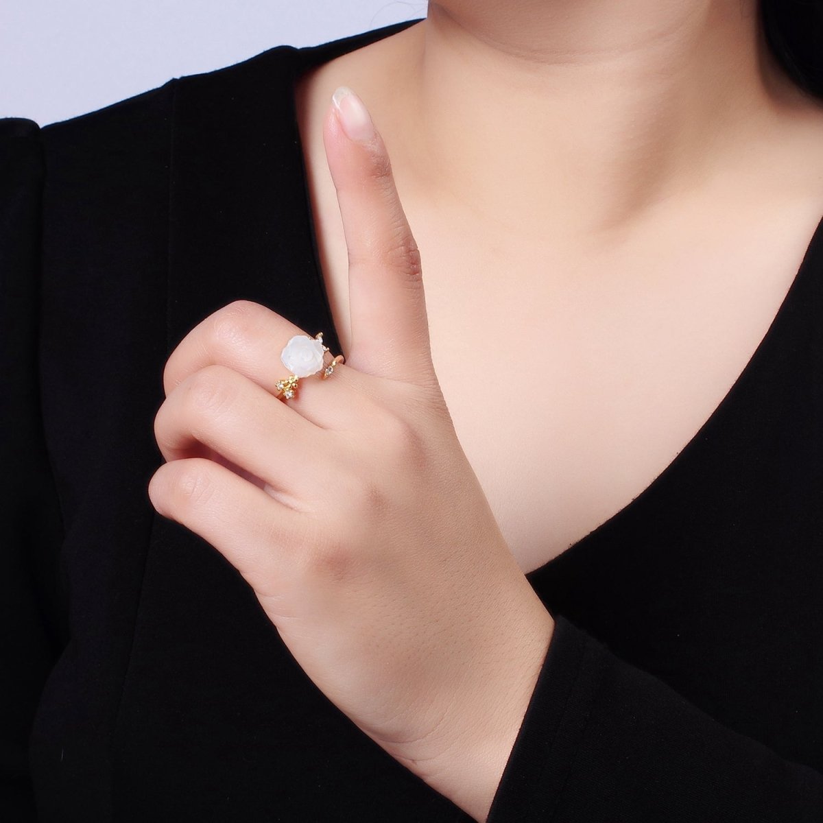 14K Gold Filled Rose Flower Shell Pearl Marquise CZ Leaf Ring | O1315