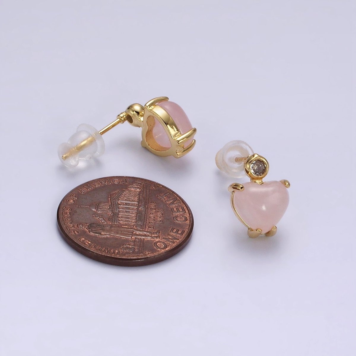 14K Gold Filled Rose Quartz Heart Clear CZ Drop Stud Earrings | AE985