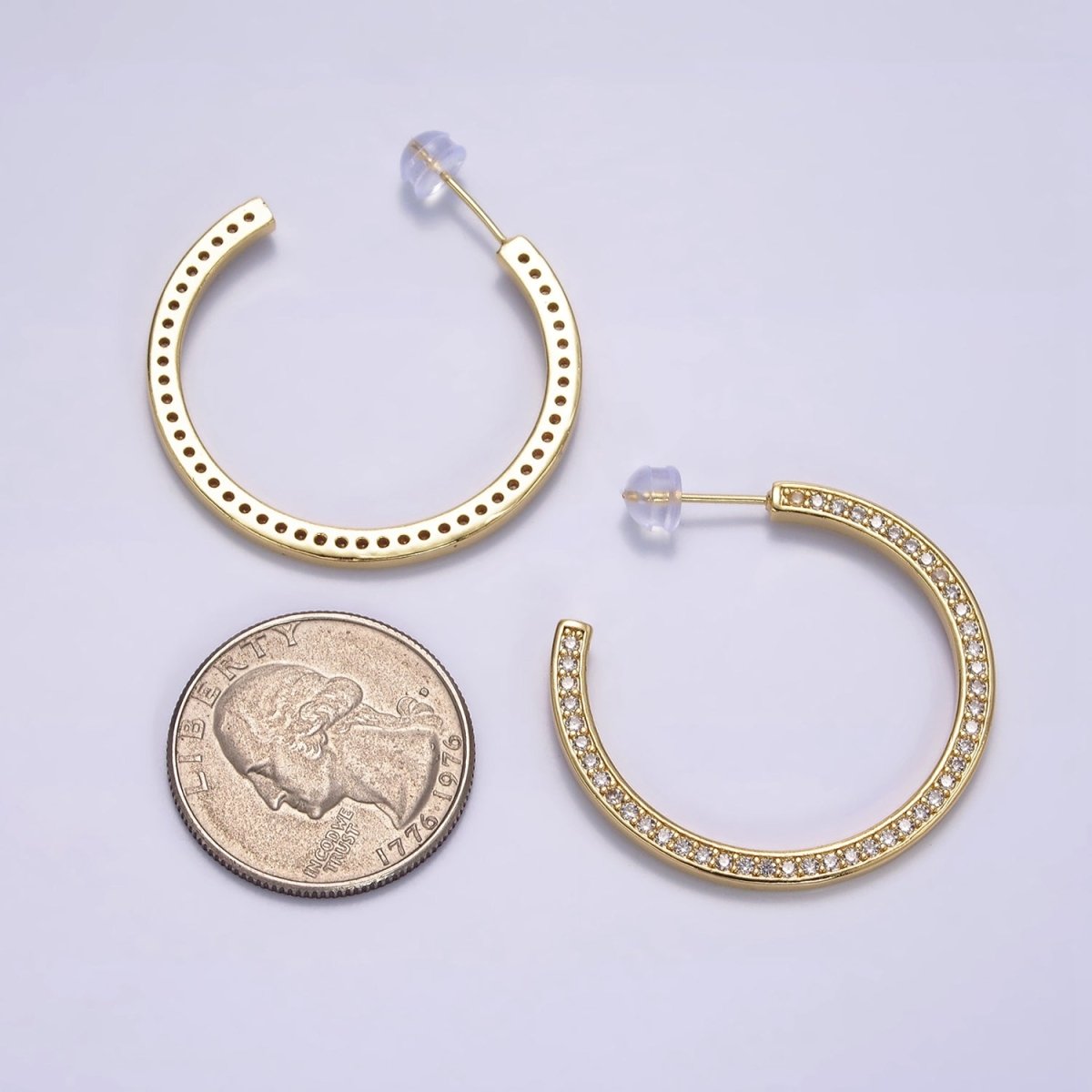 14K Gold Filled Round Clear CZ Lined 35mm C-Shaped Hoop Earrings | AE098