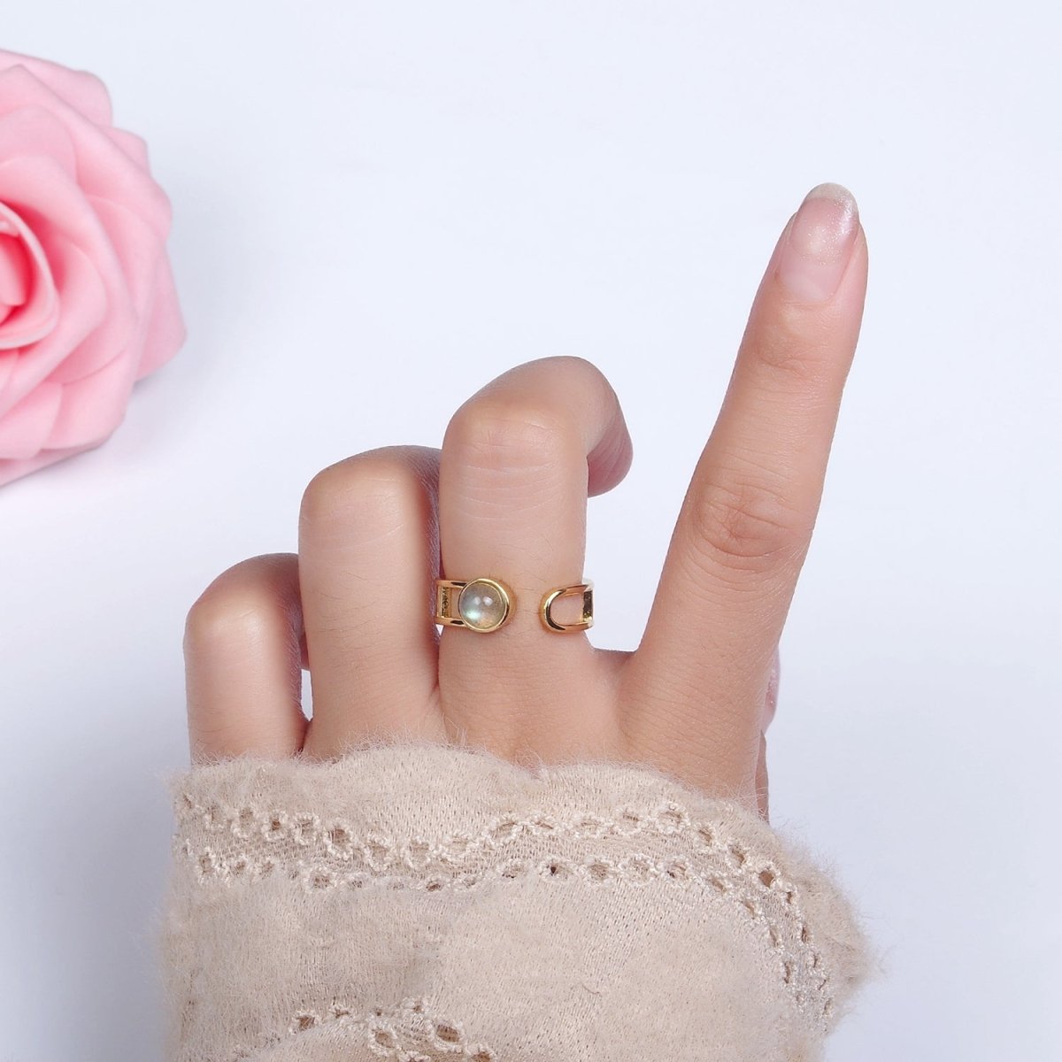14K Gold Filled Round Labradorite Bar Wrap Double Band Ring | O-642