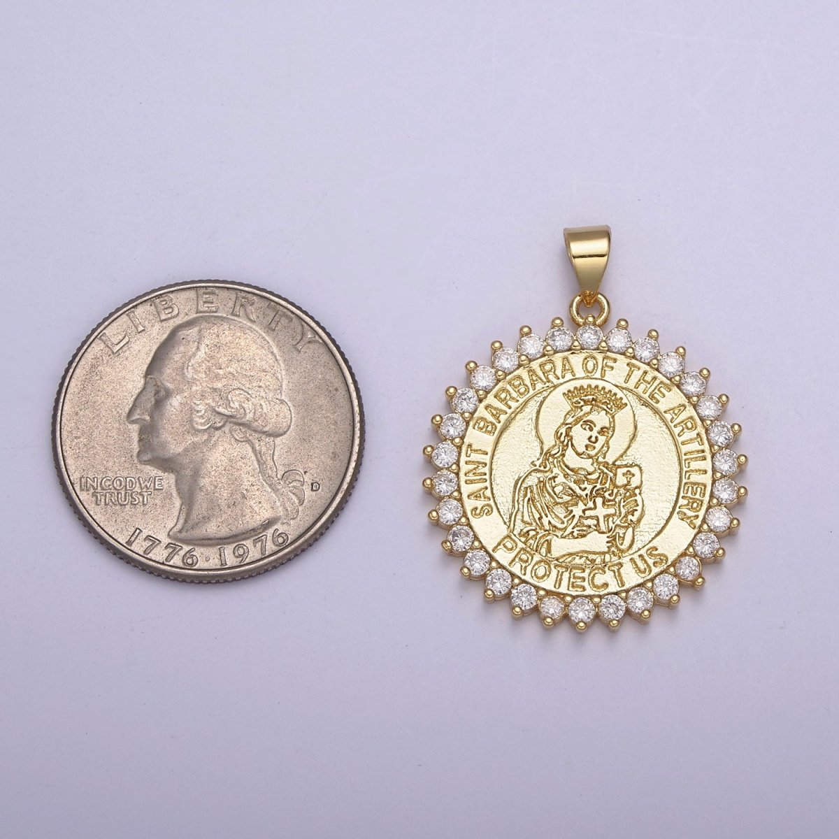 14K Gold Filled Saint Barbara Round Religious Medallion Pendant Micro Pave Religious necklace Charm H-924