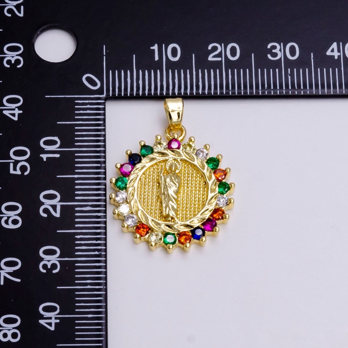 14K Gold Filled Saint Jude Dotted Dented Multicolor CZ Round Pendant | N1460
