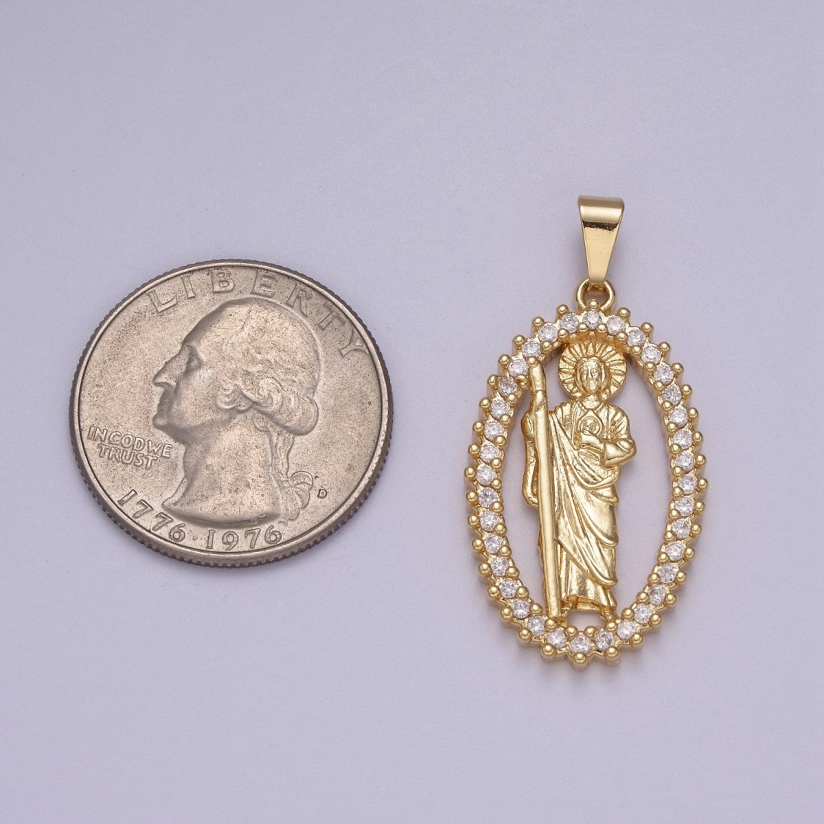 14K Gold Filled Saint Jude Pendant Saint of Hope in Clear Crystal Cubic Zirconia Charm N-612