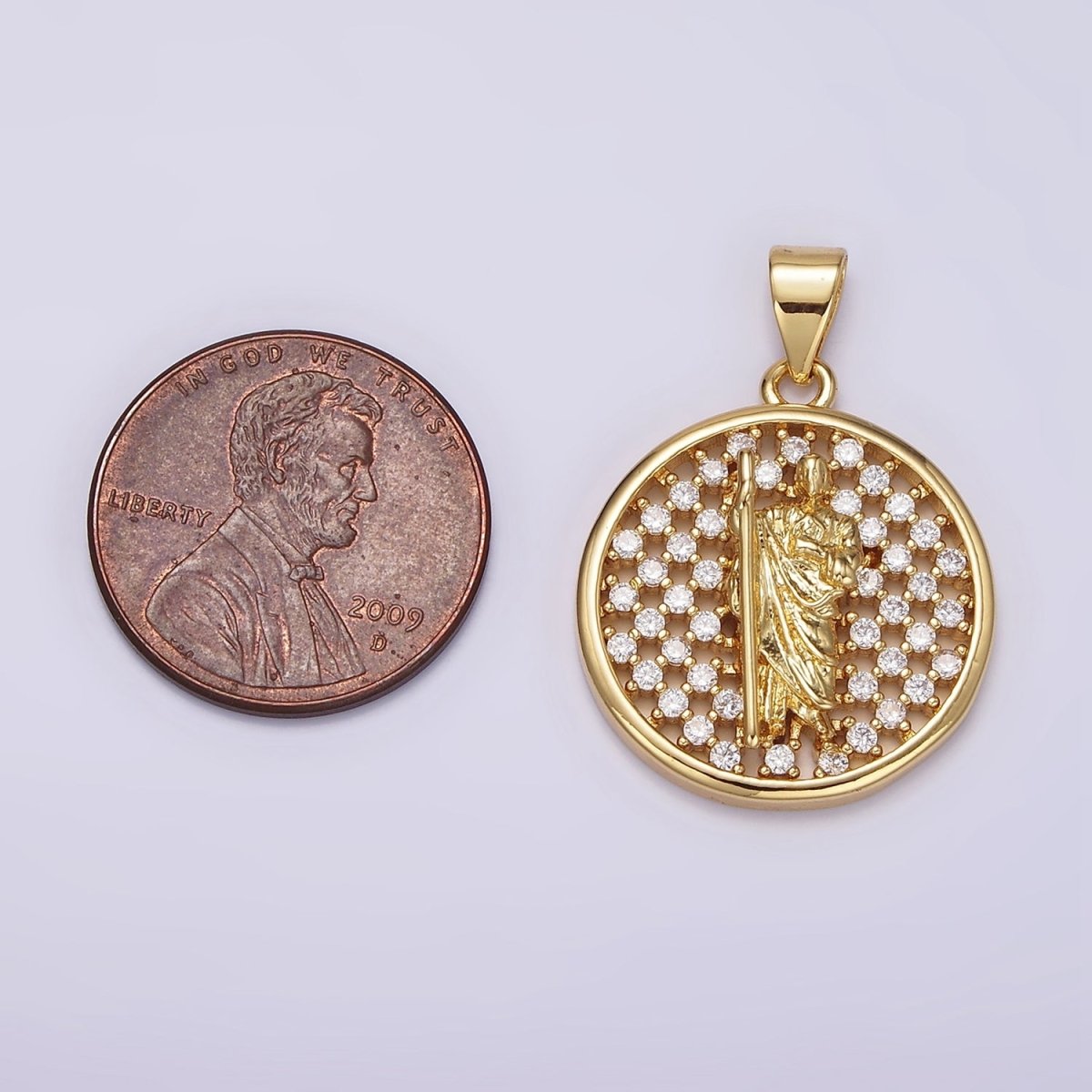 14K Gold Filled Saint Jude Religious Open Clear CZ Checkered Round Charm | N1946