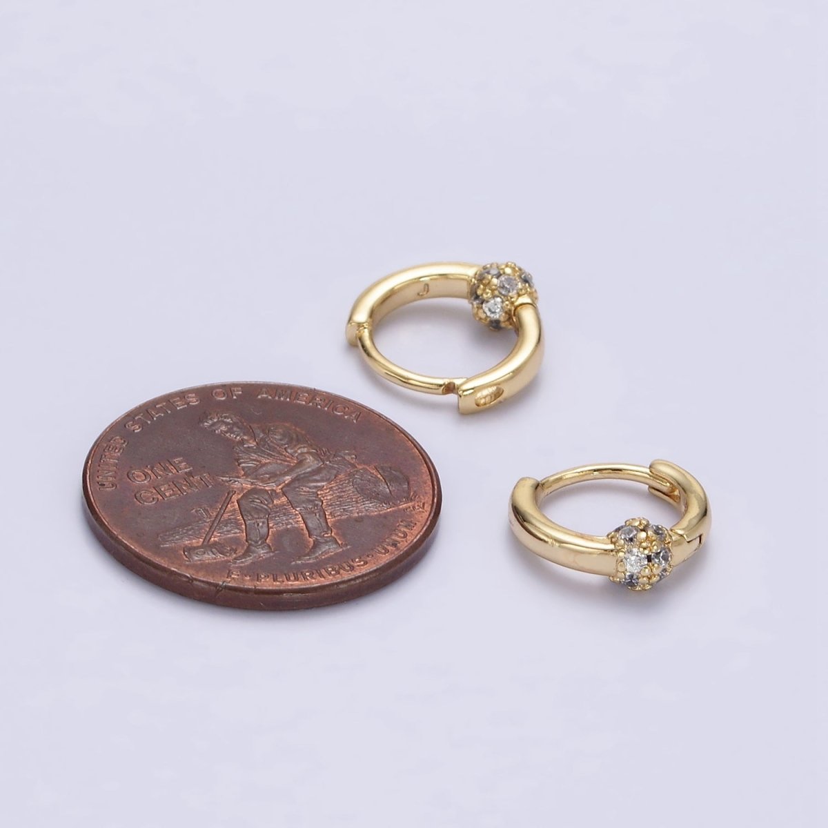 14K Gold Filled Shambala Bead CZ Micro Paved 10mm Cartilage Huggie Earrings | AE747