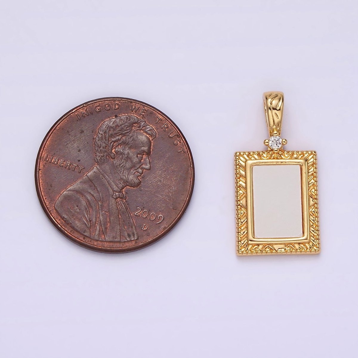 14K Gold Filled Shell Pearl Line-Textured Textured Rectangular Clear CZ Tag Pendant | N1799
