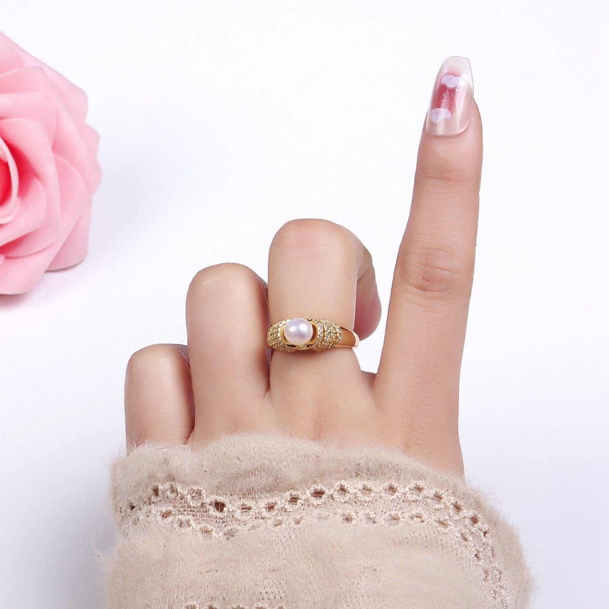 14K Gold Filled Shell Pearl Micro Paved CZ Multiple Lined Band Ring | O1343