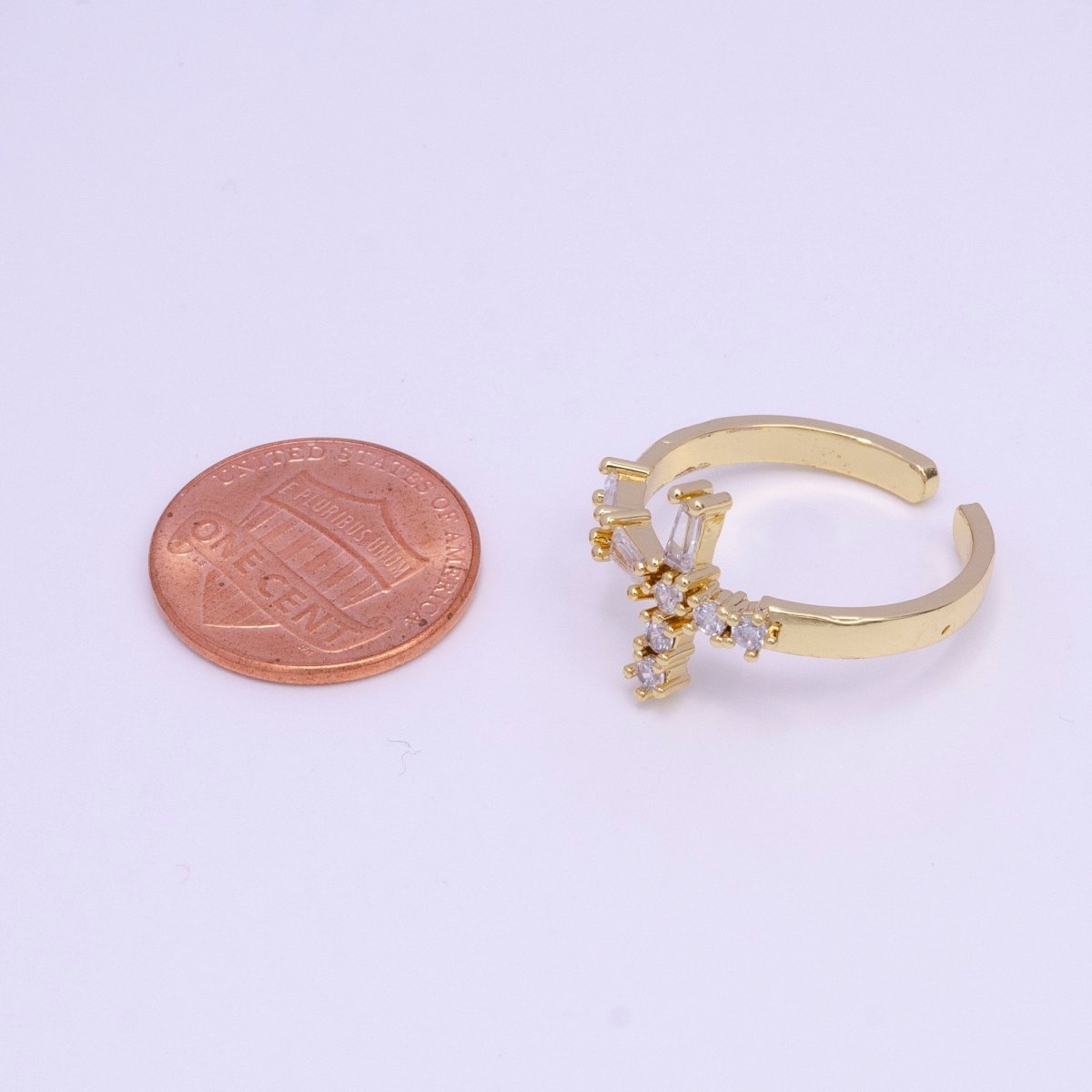 14K Gold Filled Sideway Cross Clear Baguette CZ Religious Ring | O-013