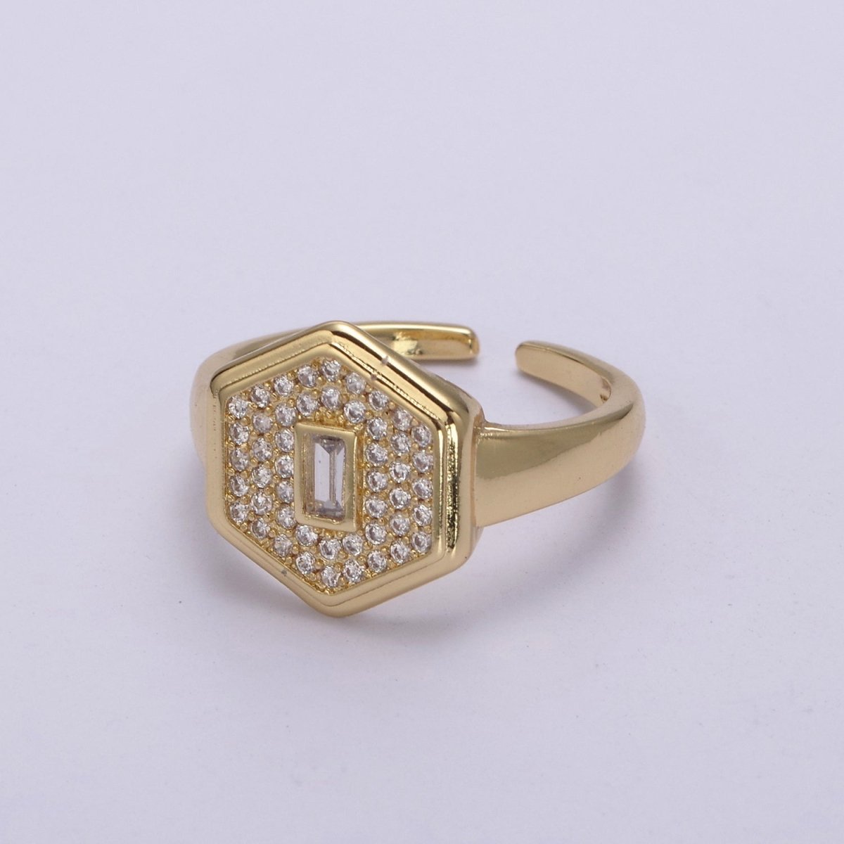 14k Gold Filled Signet Ring, Cubic Zirconia Signet Ring, CZ Octagonal Ring, Gold Open Adjustable Ring U-260 ~ U-263