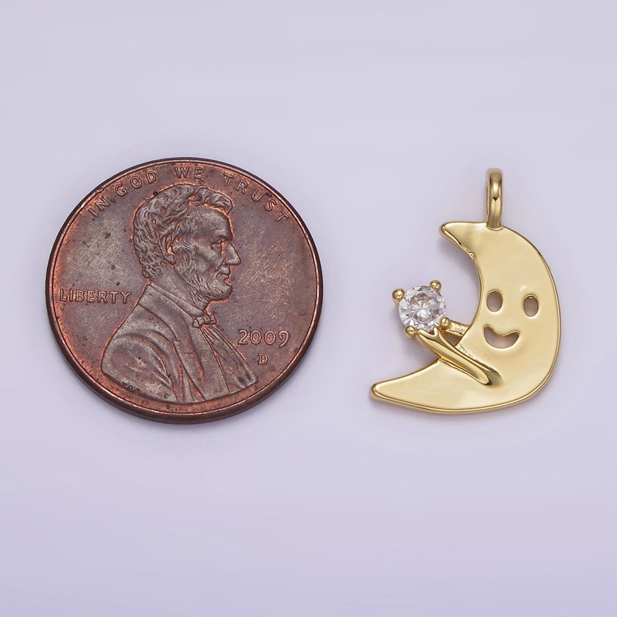 14K Gold Filled Smiley Faced Celestial Crescent Moon CZ Charm Kids Jewelry | N1880