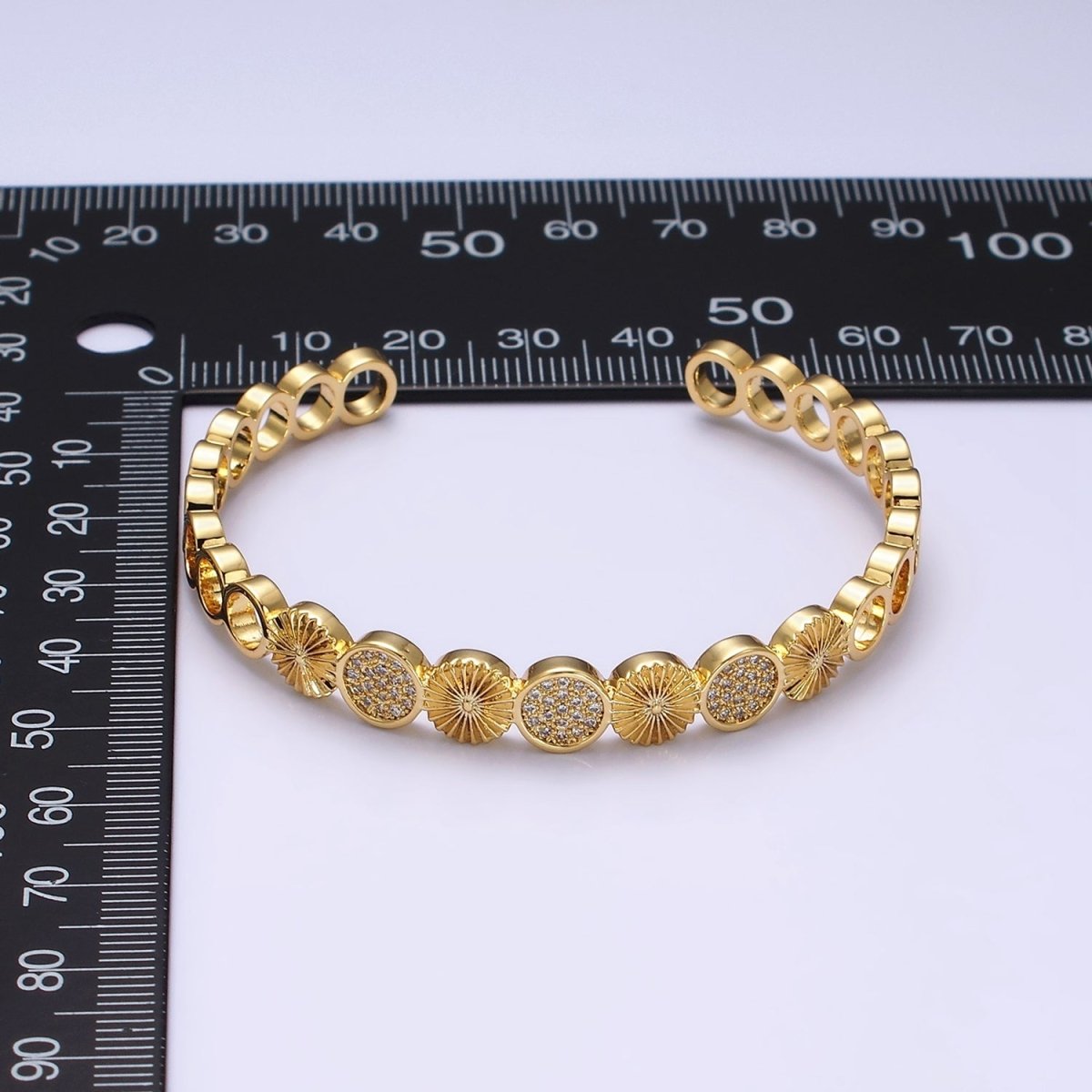 14K Gold Filled Sunflower Sunburst Textured Micro Paved CZ Round Cuff Bangle Bracelet in Silver & Gold | WA-1933 WA-1934 Clearance Pricing