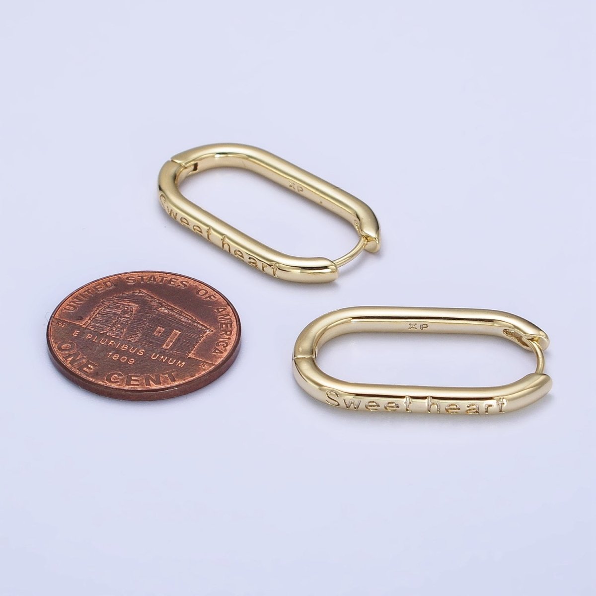 14K Gold Filled "Sweet heart" Engraved Oblong U-Shaped Hoop Earrings | AB434