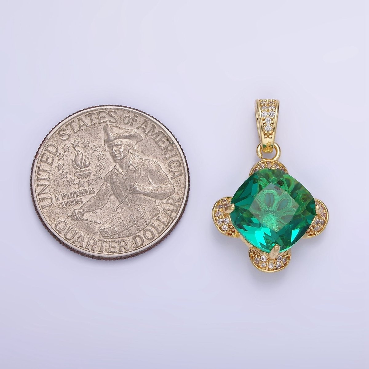 14K Gold Filled Teal Rhombus CZ Micro Paved Flower Pendant in Gold & Silver | AA1158