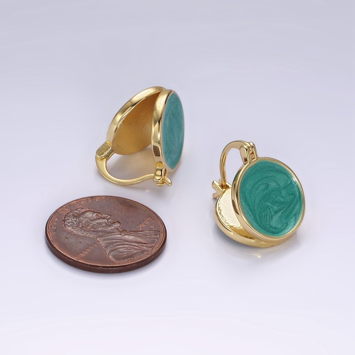 14K Gold Filled Teal, White Enamel Round Triangle Latch Hoop Earrings | AE996 AE997