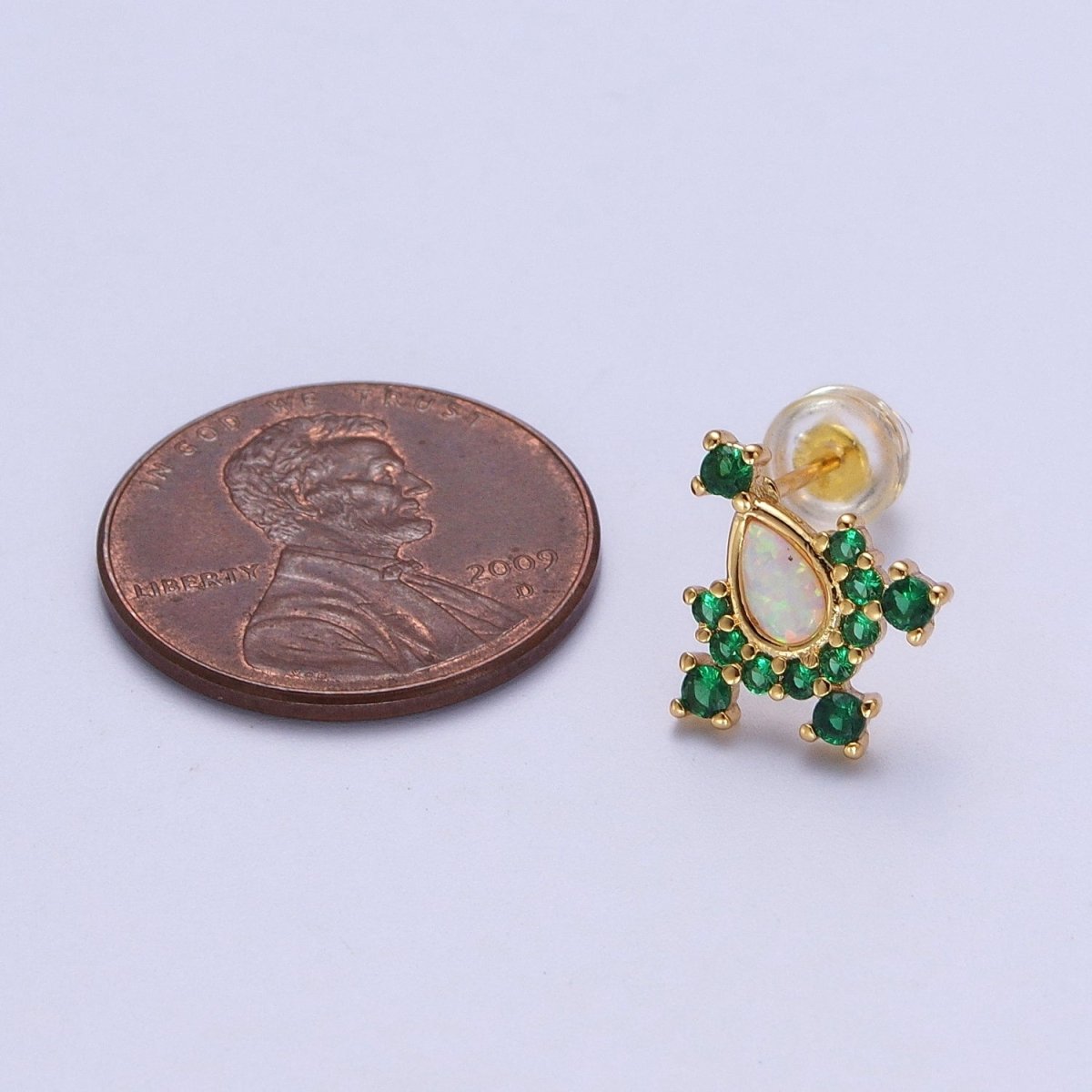 14K Gold Filled Teardrop White Opal Green Cubic Zirconia Stud Earrings | AD-104