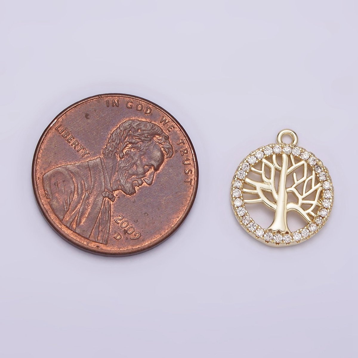 14K Gold Filled Tree Plant Open Clear Micro Paved CZ Round Charm | N1018