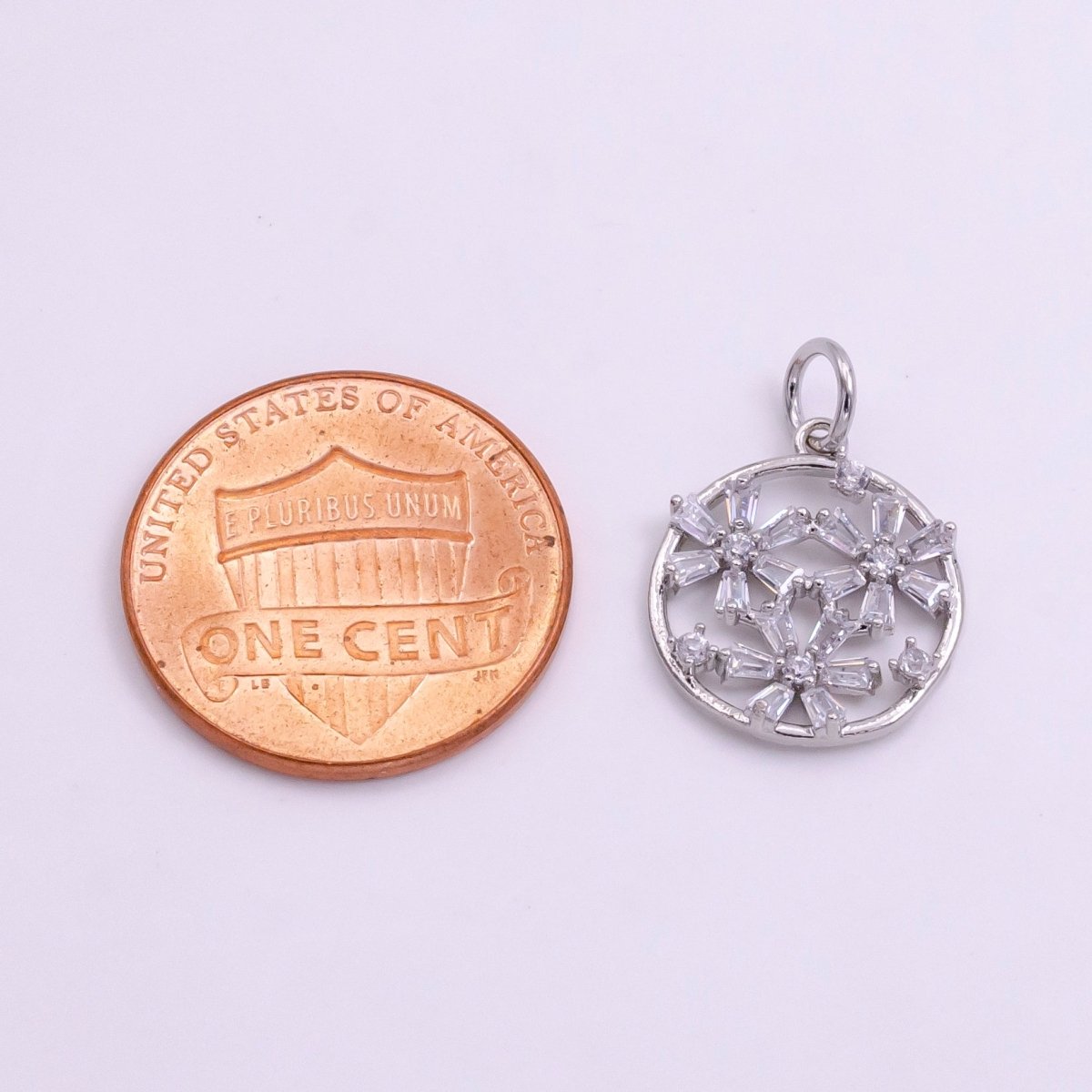 14K Gold Filled Triple Baguette Flowers Open Round Charm in Gold & Silver | W477
